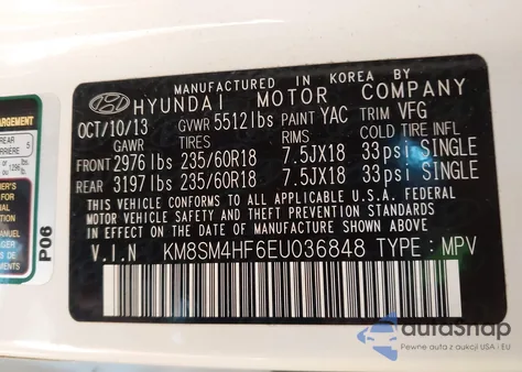 2014 Hyundai Santa Fe Gls from USA, damaged, VIN KM8SM4HF6EU036848